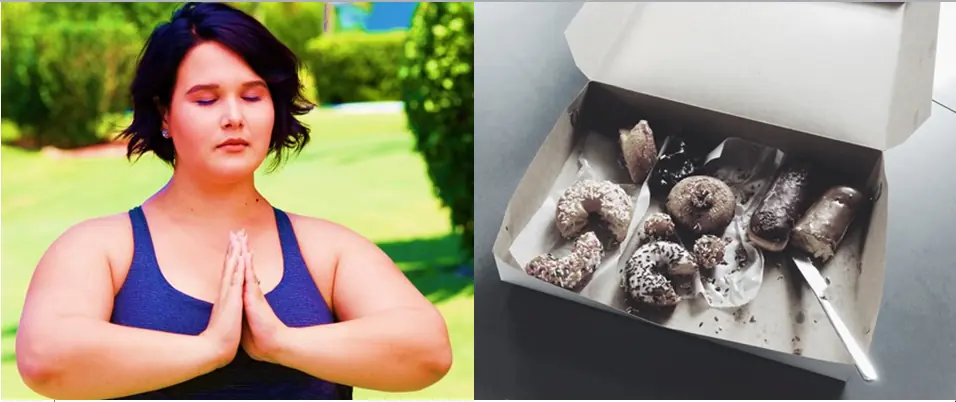 Collage image of a meditating woman and a box of donuts